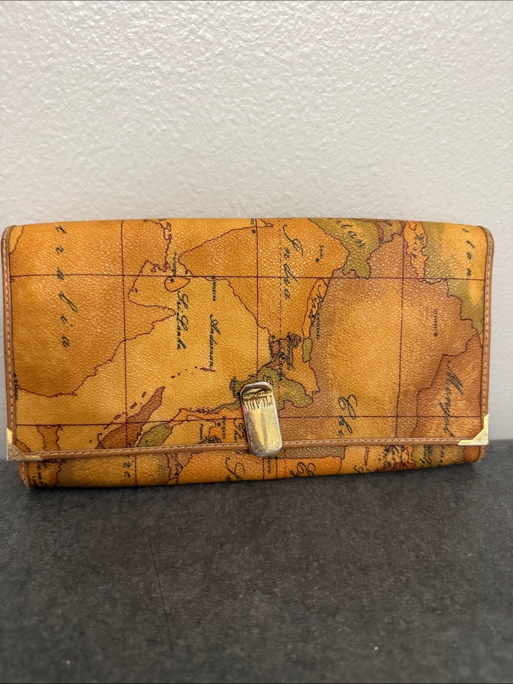 Alviero Martini Map-Print Wallet in Tan and Brown